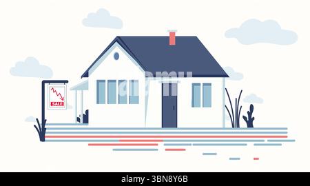 House for sale economic crisis falling prices real estate downturn sign blue home exterior clouds minimal flat design Stock Vector