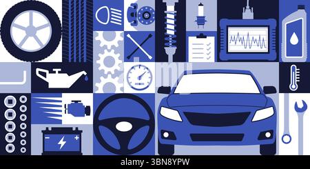 Car maintenance and repair service, automobile repair shop geometric pattern background with icons Stock Vector