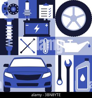 Car maintenance and repair service, automobile repair shop geometric pattern background with icons Stock Vector