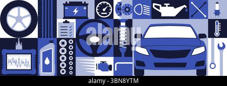 Car maintenance and repair service, automobile repair shop geometric pattern background with icons Stock Vector