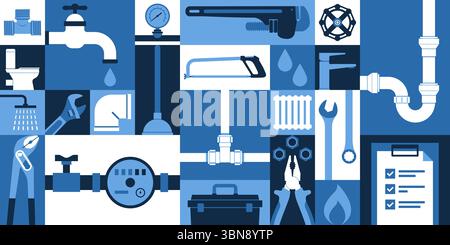 Professional plumbing services, maintenance and repair, geometric background with tools and objects Stock Vector