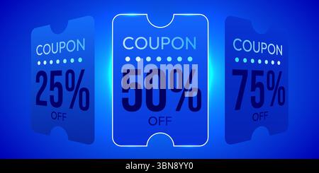 3d coupon slides in row, percent price off, isolated on blue background with light effect. Gift voucher carousel for grand discount banner template. Vector illustration Stock Vector