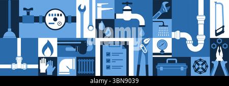 Professional plumbing services, maintenance and repair, geometric background with tools and objects Stock Vector