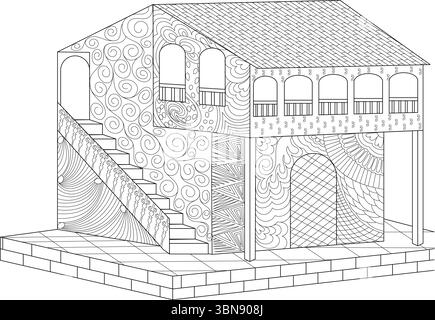 Detailed black and white line art illustration of a stylized medieval house. This intricate drawing features a grand staircase leading to an arched en Stock Vector