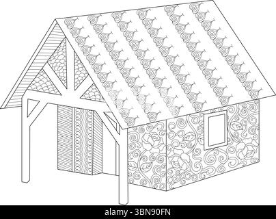 A detailed black and white line art illustration depicting a charming, stylized house. The design features intricate patterns on the roof, resembling Stock Vector