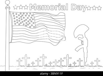 A powerful black and white line art illustration commemorating Memorial Day. The image features a prominent American flag waving on a pole, accompanie Stock Vector