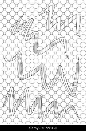 A striking black and white abstract pattern featuring a background of interconnected circles forming a precise geometric grid. Overlaid on this struct Stock Vector