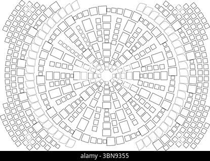 An intricate and dynamic abstract design featuring a radial arrangement of various sized squares and subtly curved square-like shapes. The pattern ema Stock Vector