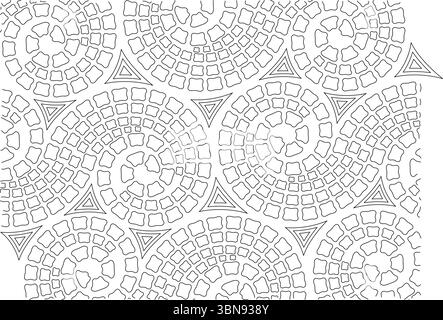 This is a seamless black and white vector illustration featuring an abstract mosaic pattern. It combines circular arrangements of irregular, rounded t Stock Vector