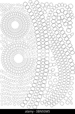 A monochrome, abstract vector illustration showcasing diverse mosaic patterns. The design features a blend of structured, spiraling rectangular/square Stock Vector
