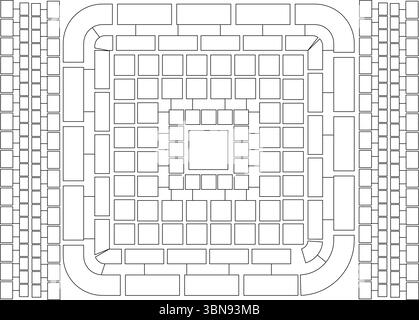 An intricate and detailed black and white line art illustration showcasing a complex geometric mosaic pattern. The design consists of various sized sq Stock Vector