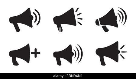 Set of black megaphone icons in various styles on white background, graphic illustration. concept of communication, announcement, sound, broadcasting, Stock Vector