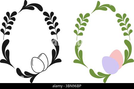 Silhouette and Colorful Twiggs and Easter Eggs Frame Borders Easter Greeting Copy space Template Set. Isolated Vector Illustration Easter Greeting Cards Party invite, leaflets or banner, labels, price Stock Vector