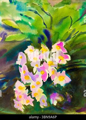 Abstract watercolor original painting pink color of orchid flower and  emotion in green leaves background. Stock Photo