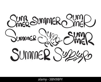 A creative set of handwritten “Summer” lettering designs in multiple unique styles, showcasing playful, bold, and expressive typography in black on a Stock Vector