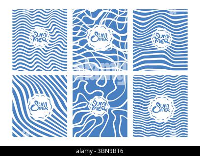 Hand-drawn set of blue wavy line patterns inspired by sea ripples and water waves, with “Hello It’s Summer Time” handwritten text in the center. Fun Stock Vector