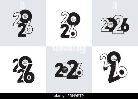 Stylish vector logo set featuring bold “2026” typography in black and white. Perfect for New Year celebration graphics, greeting cards, banners, even Stock Vector