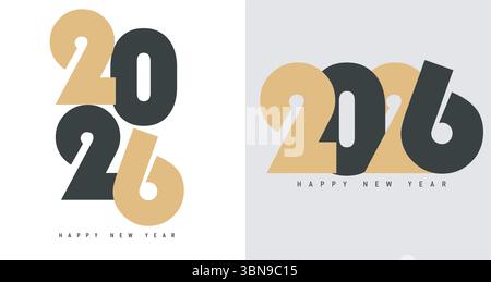 Stylish 2026 New Year vector set with modern typography in black and gold. Perfect for cards, banners, and festive designs with a clean, minimalist a Stock Vector