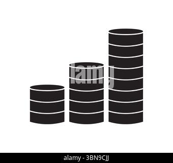 Black silhouette icon of stacked coins forming an upward bar chart. Represents financial growth, savings, profit, and investment. Ideal for business, Stock Vector