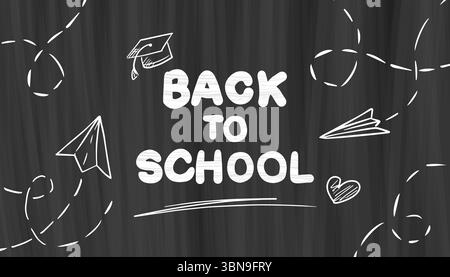 Horizontal Back to School banner with a blackboard background, text with texture effect, and hand-drawn scribbles. School motivational banner with space for text, announcements, and posters. Stock Vector