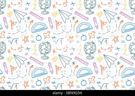 Seamless pattern Back to School on a checkered notebook page. Hand-drawn school supplies, colored sketches. Childrens colored background for fabric, covers, backgrounds, and notebooks. Stock Vector