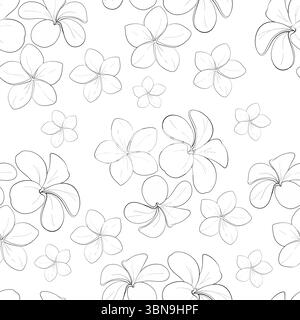 Vector seamless pattern of tropical flowers frangipania. Plumeria flowers background. Black circuit silhouette. Stock Vector