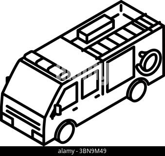 Isometric line art illustration of a fire truck in simple and minimal style, black and white, Vector Illustration Stock Vector