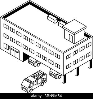 Isometric line art illustration of a fire station and fire truck in a simple isometric style, black and white, Vector Illustration Stock Vector