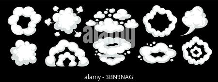 Cartoon smoke cloud with trail effects in dynamic motion style on black background. Smoke and cloud vector elements in cartoon comic design. Great for Stock Vector