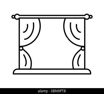 Curtain line icon. Theater stage drapery. Shade on open window. Home decoration fabric. Blinds on balcony. House interior design. Pleated curtains Stock Vector