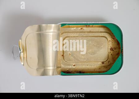 Empty Metal Can of sardines  on white background , top view Stock Photo