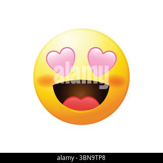 High quality emoticon smiling, love emoji isolated on white background. Yellow face emoji with red heart eyes and smile vector illustration. Stock Vector