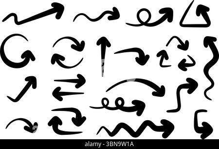 Hand drawn arrow vector icons set. Circle arrows, rotate arrow, redo process symbol Stock Vector