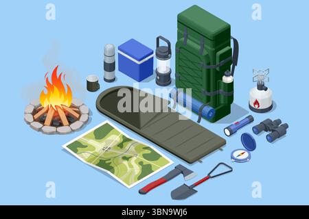 Isometric set of tourist things. Tent, axe, shovel, map of the area, fire, sleeping bag, backpack, electric lamp, thermos and food bag, tourist mat Stock Vector