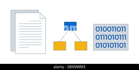 Documents, flowchart and binary code 2D cartoon objects set Stock Vector