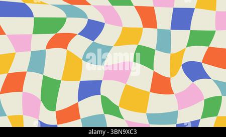 Psychedelic colorful checkerboard background. Abstract groovy hippie 60s-70s design. Distorted vector illustration in Y2k style Stock Vector