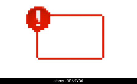 Mosaic pixel alert icon with exclamation mark and red frame in digital 8 bit art style Stock Vector
