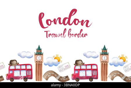 Seamless border. Festive collection of hand-drawn watercolor elements with British symbols. Illustrations Big Ben, Abbey Road sign, double-decker bus, Stock Photo