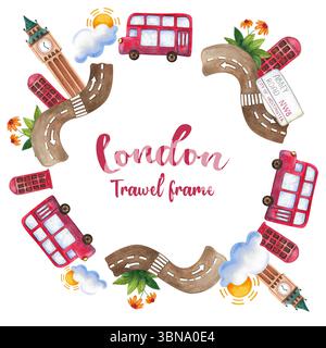 Festive frame of hand-drawn watercolor elements with British symbols. Illustrations of Big Ben, Abbey Road sign, double-decker bus, telephone box Stock Photo