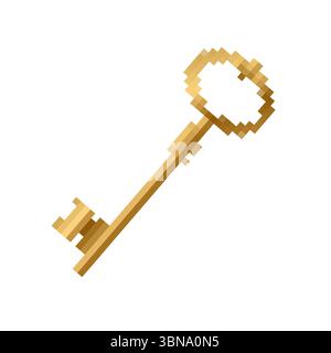 Mosaic pixel 8 bit golden key icon in retro gaming style with a vintage feel Stock Vector