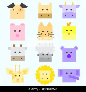 animal face mascot with box shape. there are dogs, pigs, cows, giraffes, tigers, elephants, cats. vector illustrations with concepts for animals, farm Stock Vector