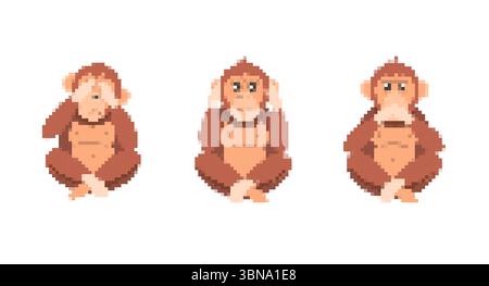 Mosaic pixel art of three wise monkeys with playful and expressive gestures in retro style Stock Vector