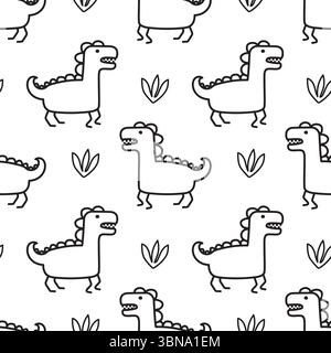 Outline doodle jurassic pattern with cute dino. Seamless vector print with dinosaurs for baby textile and fabric Stock Vector