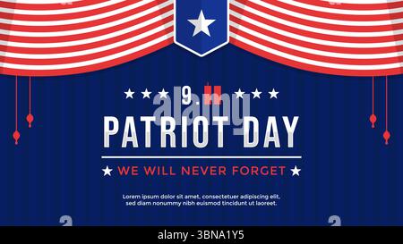 Patriot Day greeting template with striped red and white curtain on dark blue horizontal background Stock Vector