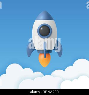 Vector 3d Rocket Icon, Startup Launch Concept. Blue and White Spaceship, Vector Illustration. Modern Business Logo, Flying Spacecraft Symbol. Missile Stock Vector