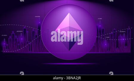 Ethereum logo with digital trading chart background in purple theme illustrating cryptocurrency Stock Vector