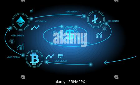 Digital currency exchange flow with dollar symbol and crypto icons on neon interface Stock Vector