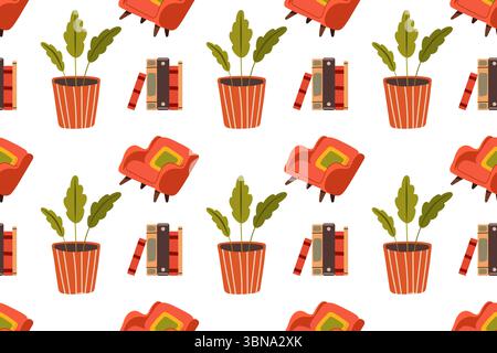 Seamless pattern with cozy interior with house plants. Vector illustration of armchair, bookshelf plants and books collected in ornament on white back Stock Vector