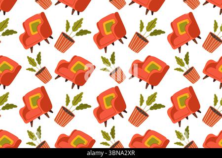 Seamless pattern with cozy interior with house plants. Vector illustration of armchair, bookshelf plants and books collected in ornament on white back Stock Vector