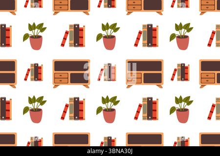 Seamless pattern with cozy interior with house plants. Vector illustration of armchair, bookshelf plants and books collected in ornament on white back Stock Vector